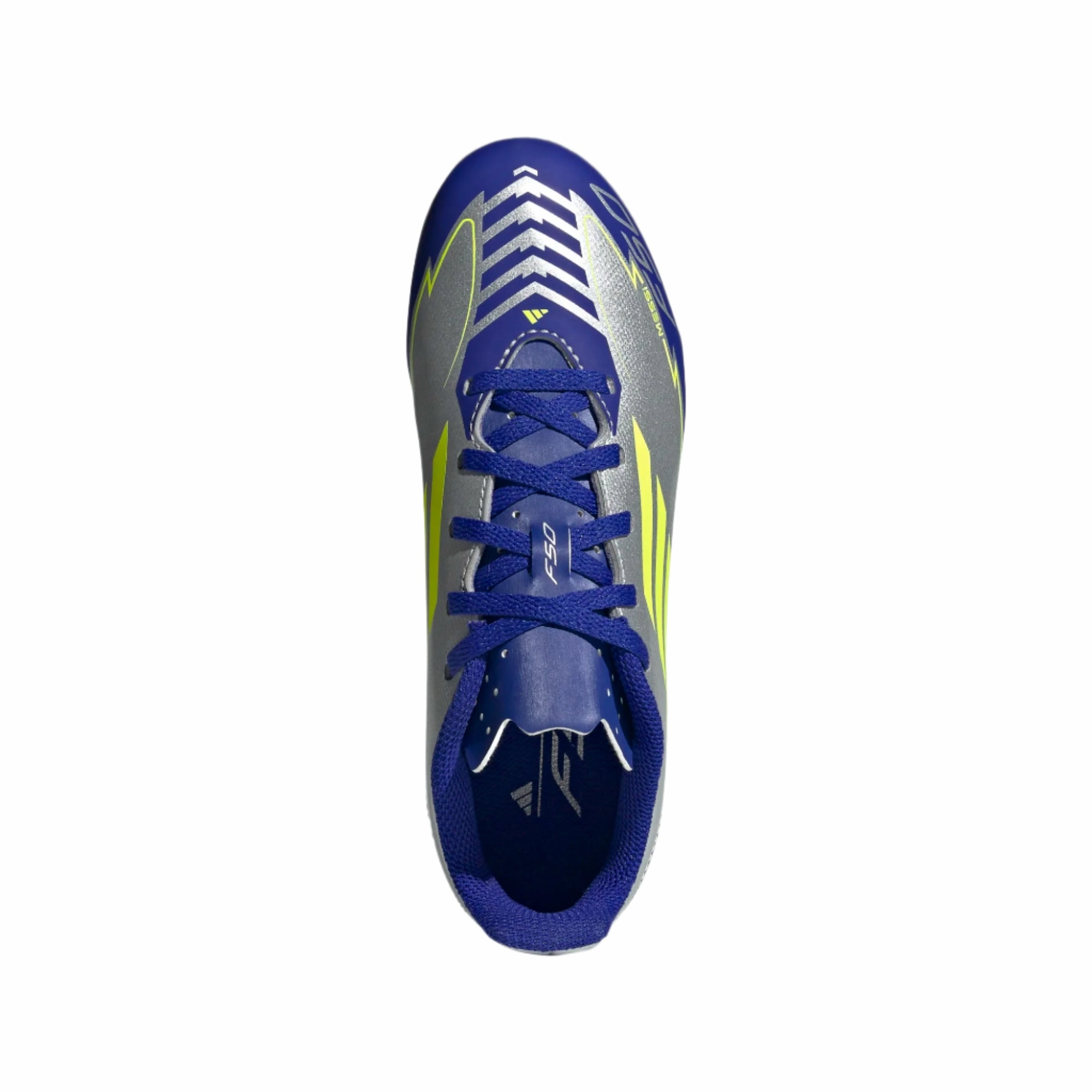 Adidas Junior Football Boot F50 FG/MG J Messi Silver Met/Solar Yellow/Lucid Blue Cleats Turf Soccer