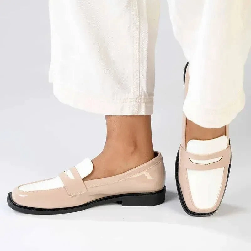 Madison Bliss 2 Tone Slip On Loafers - Nude / White Black Brogue Shoes Uk