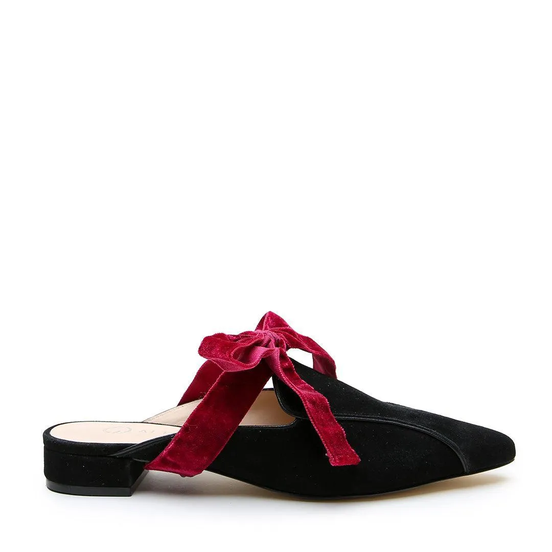 Crepe Sole Loafers Black Suede Pointed Loafer   Red Velvet Marie Strap