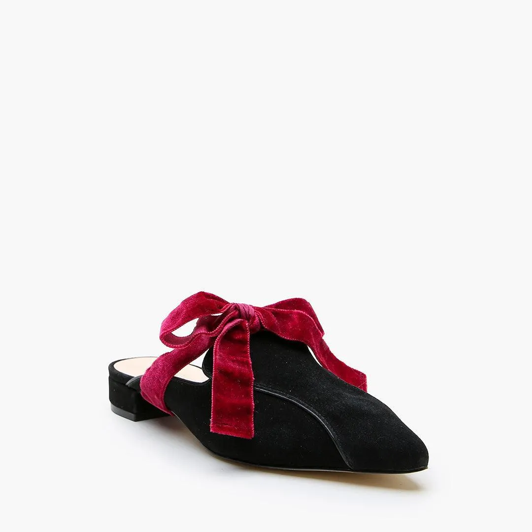 Loafers And Legends Black Suede Pointed Loafer   Red Velvet Marie Strap