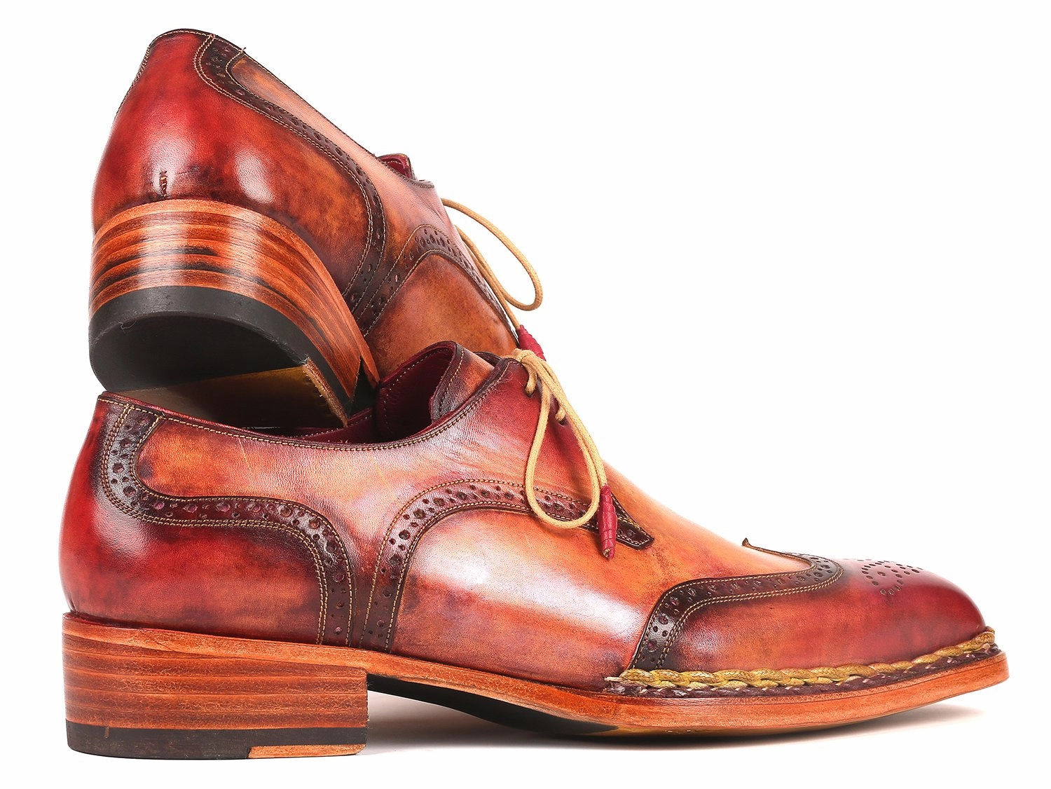 Paul Parkman Norwegian Welted Wingtip Derby Shoes Red and Camel (ID#8506-CML) Low Top Derby Shoes