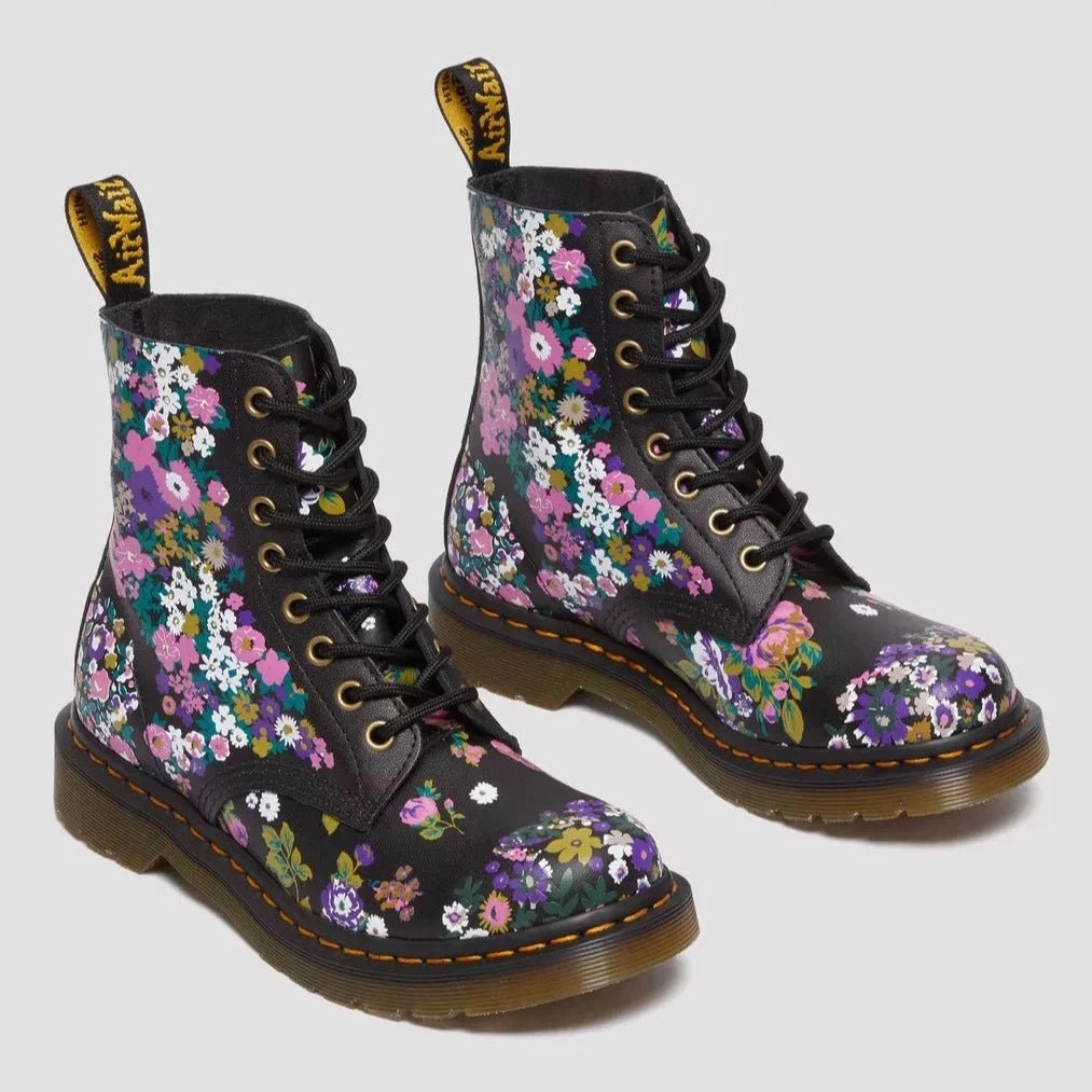 Dr. Martens Women's 1460 Pascal - Black Multi Vintage Floral Backhand Formal Comfortable Low Heel Dress Shoes For Wedding