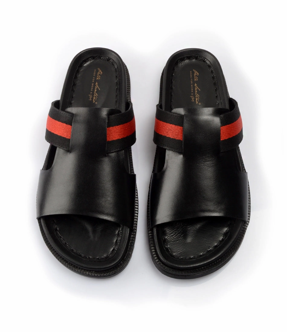 Bologna Leather Slippers - Black Wide Toe Slippers