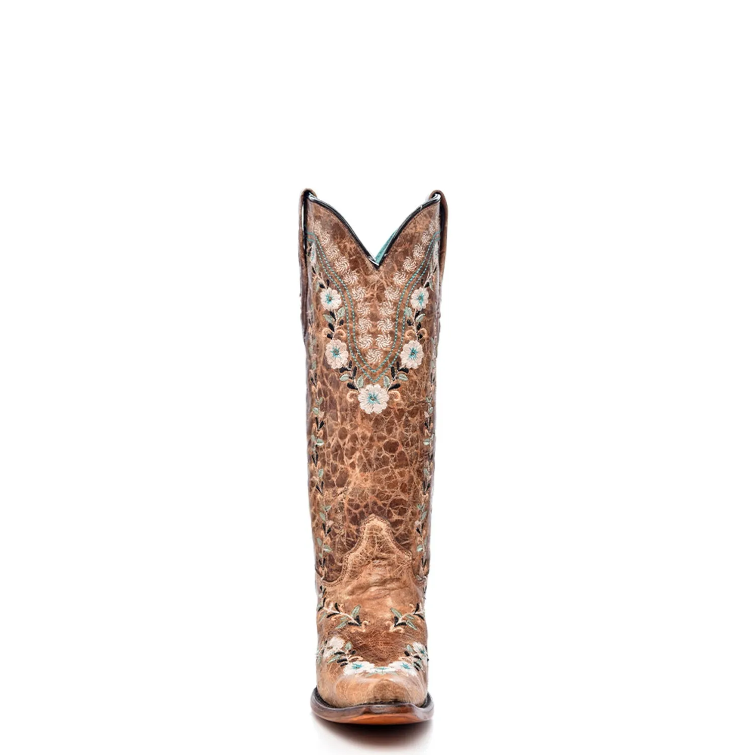 Corral Womens Glow in the Dark Floral Distress Cognac Leather 13in Cowboy Boots Thigh Length Boots