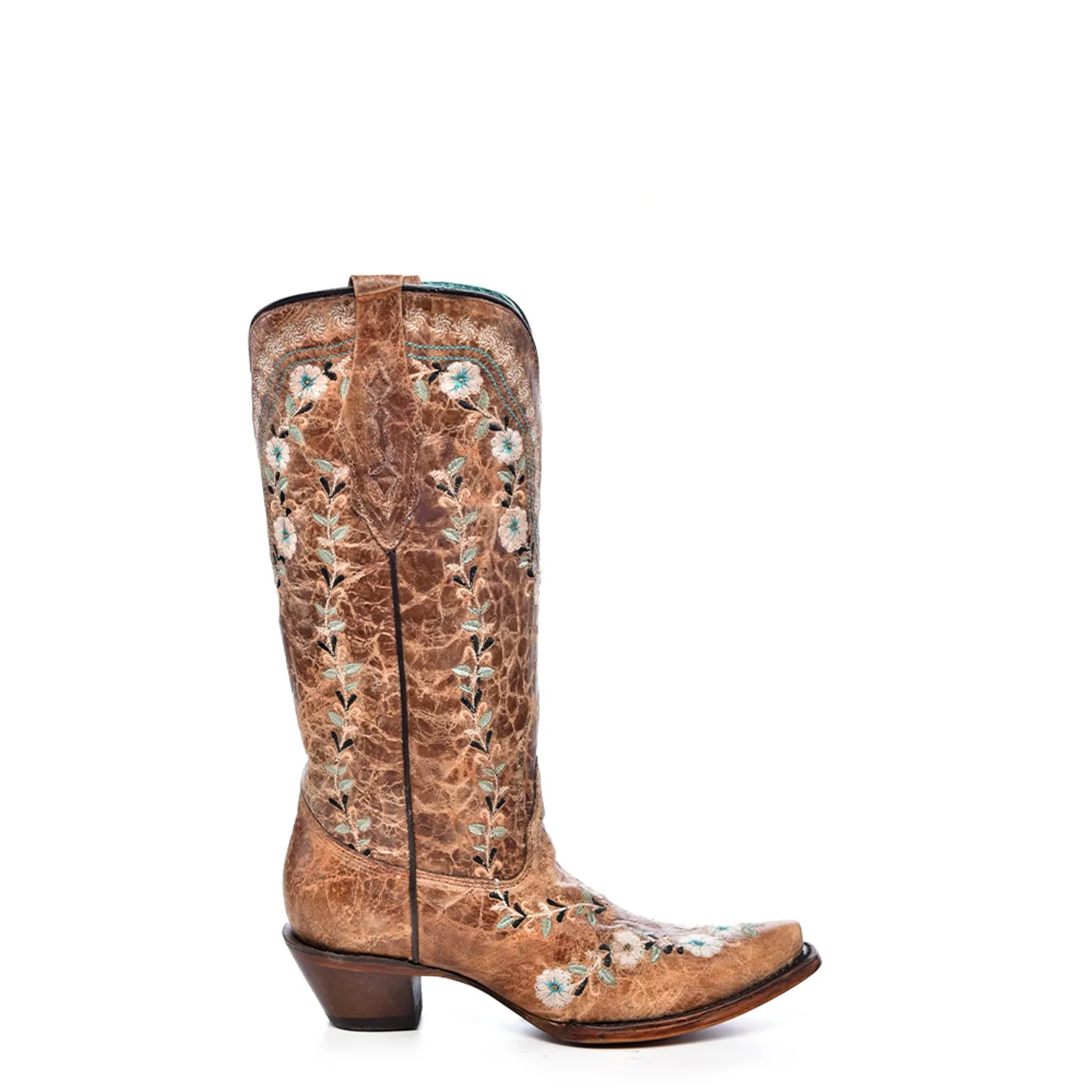 Vintage Dress Boots Corral Womens Glow in the Dark Floral Distress Cognac Leather 13in Cowboy Boots
