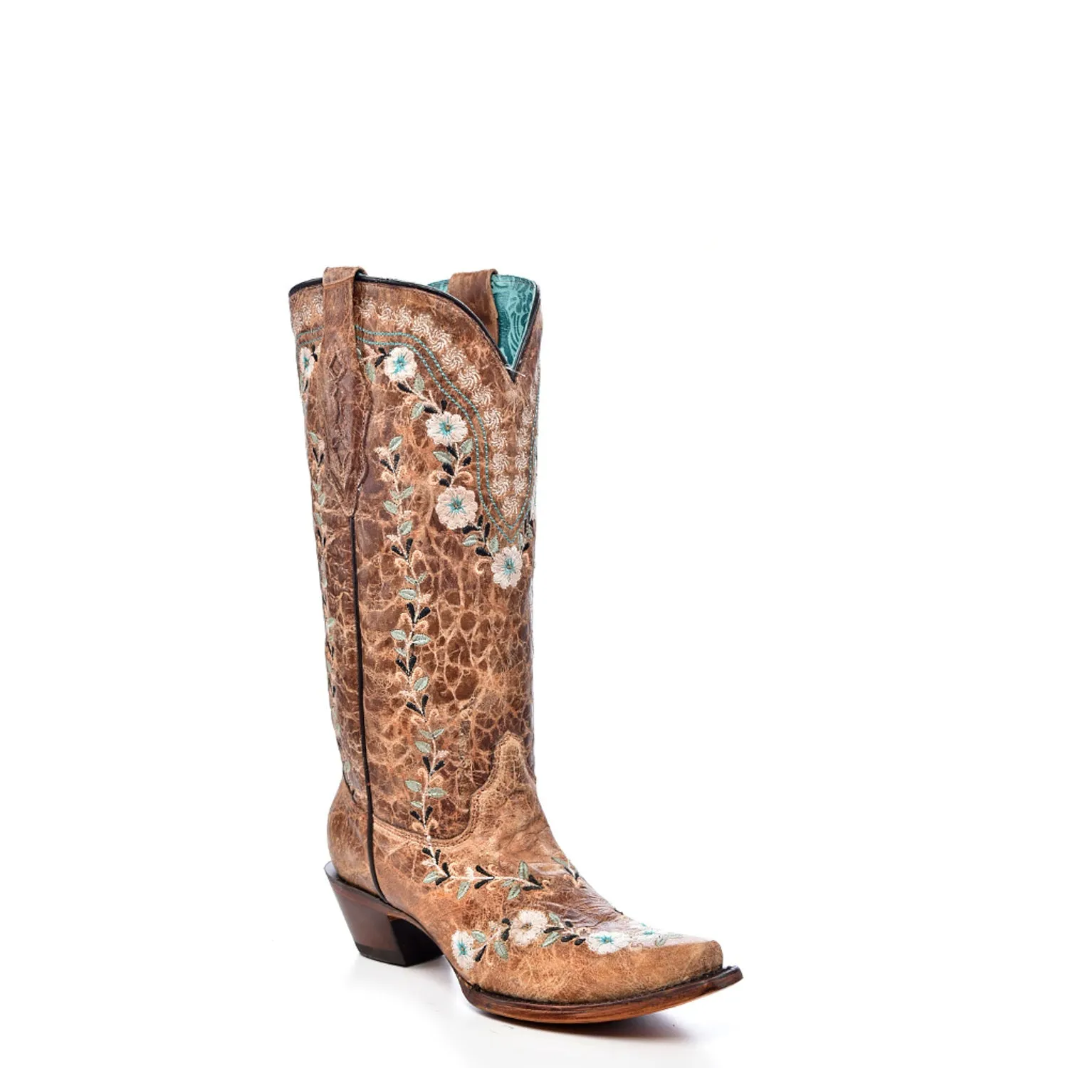 Tan Heeled Boots Corral Womens Glow in the Dark Floral Distress Cognac Leather 13in Cowboy Boots