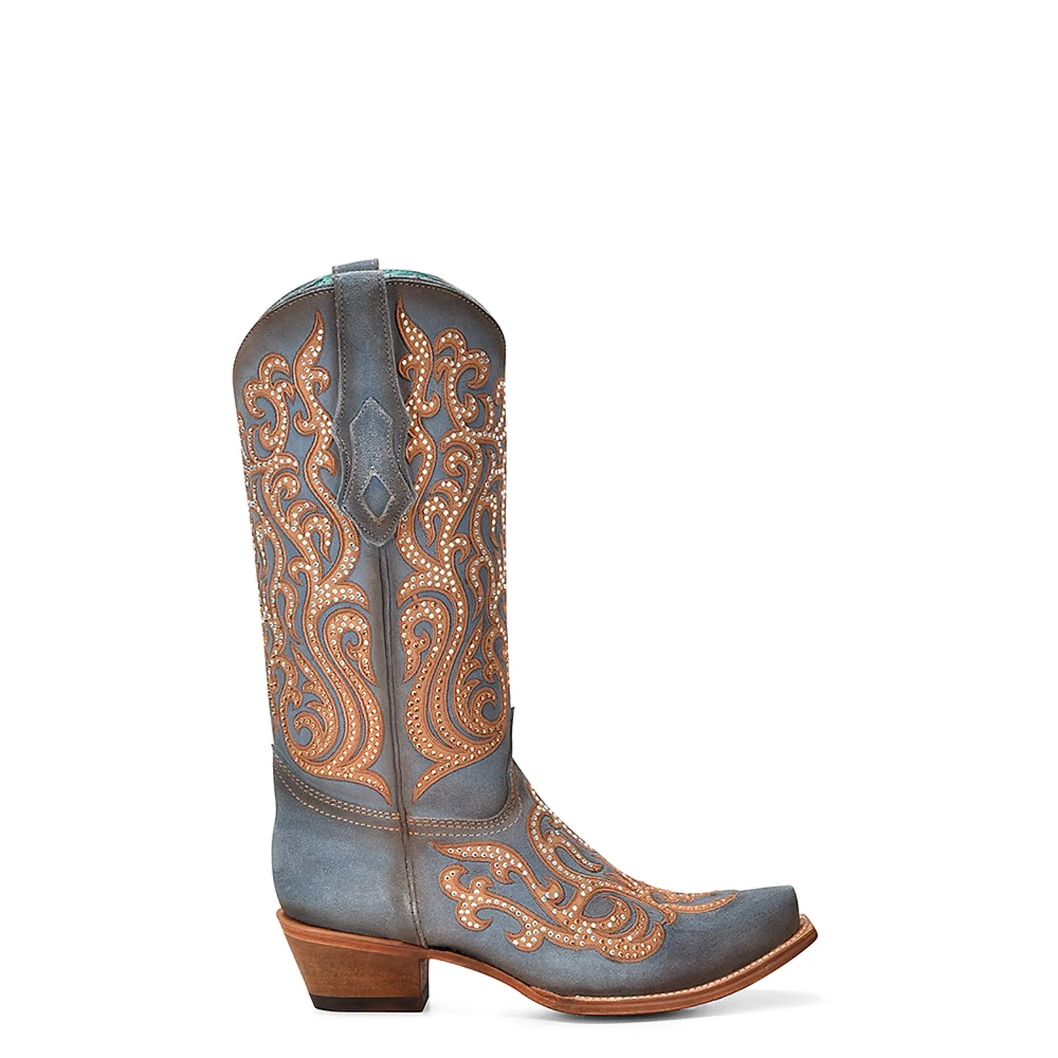 Corral Womens Honey Overlay Crystals Snip Blue Cowhide 13in Cowboy Boots Suede Heel Boots