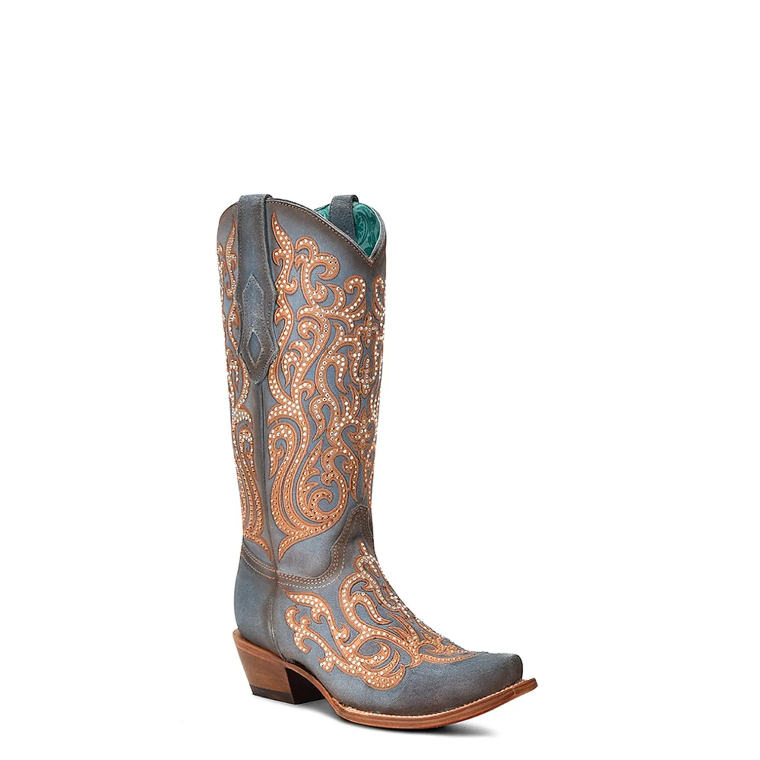 Corral Womens Honey Overlay Crystals Snip Blue Cowhide 13in Cowboy Boots Cobbler Boots