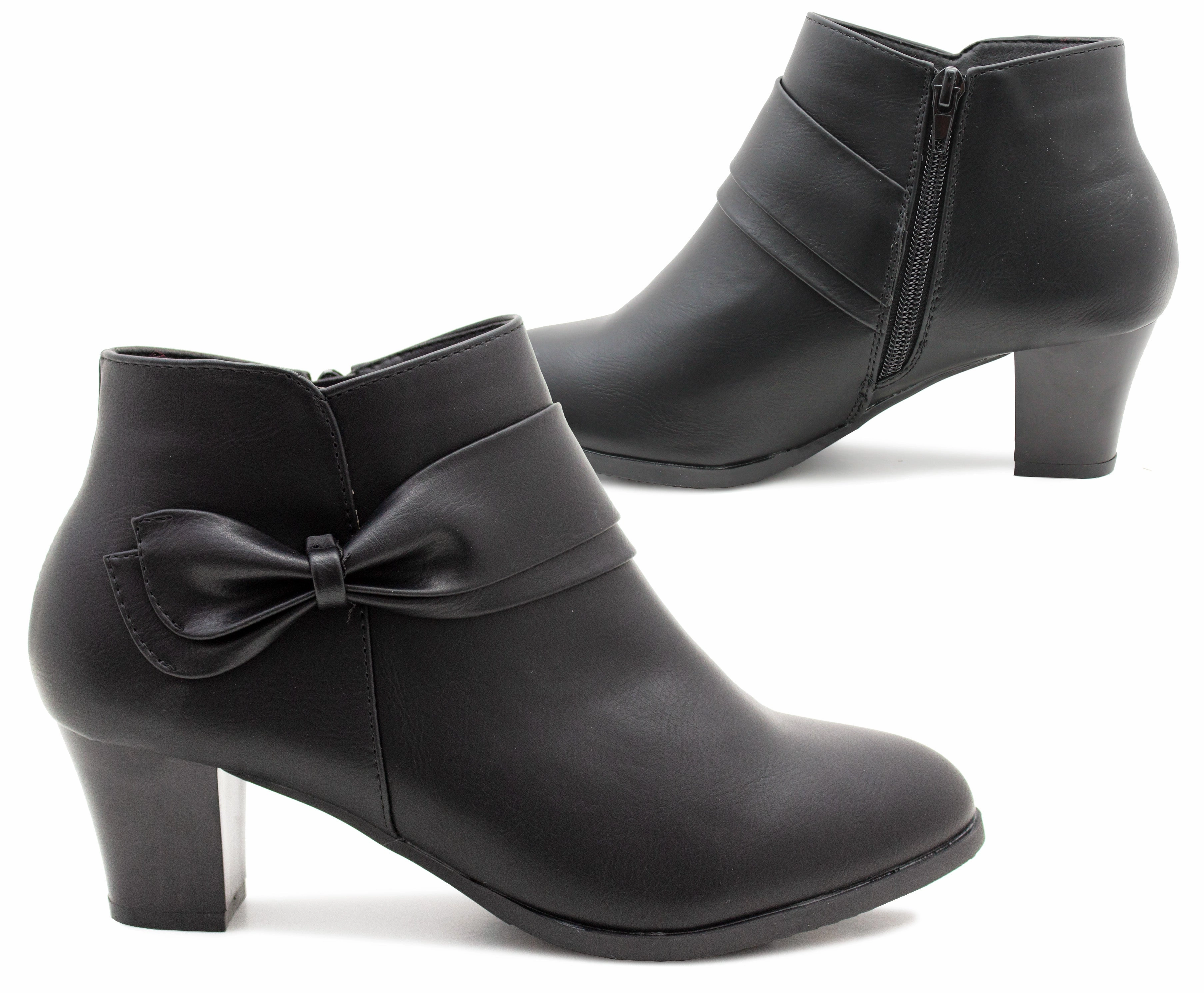 Wellies Rubber Boots Cushion Walk Womens Ankle Boots Black Bow Mid Heel Zip Up Formal Office Trouser Shoes