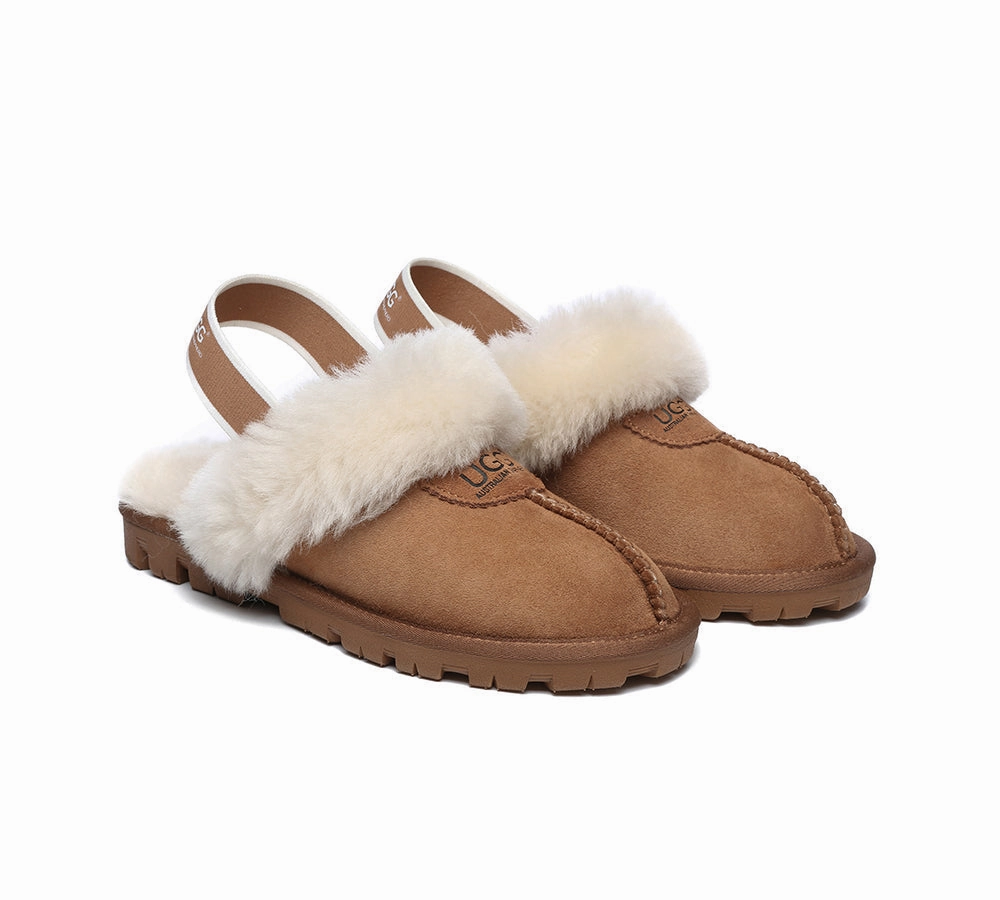 Childrens Slip On Slippers Unisex Sheepskin Wool Suede Upper Slingback Slippers Waffle Plus