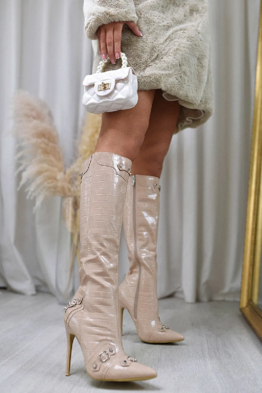 Nude Croc Calf High Heel Boots With Pointed Toe & Side Zip (PACK A) Wobbly Boots Roadhouse