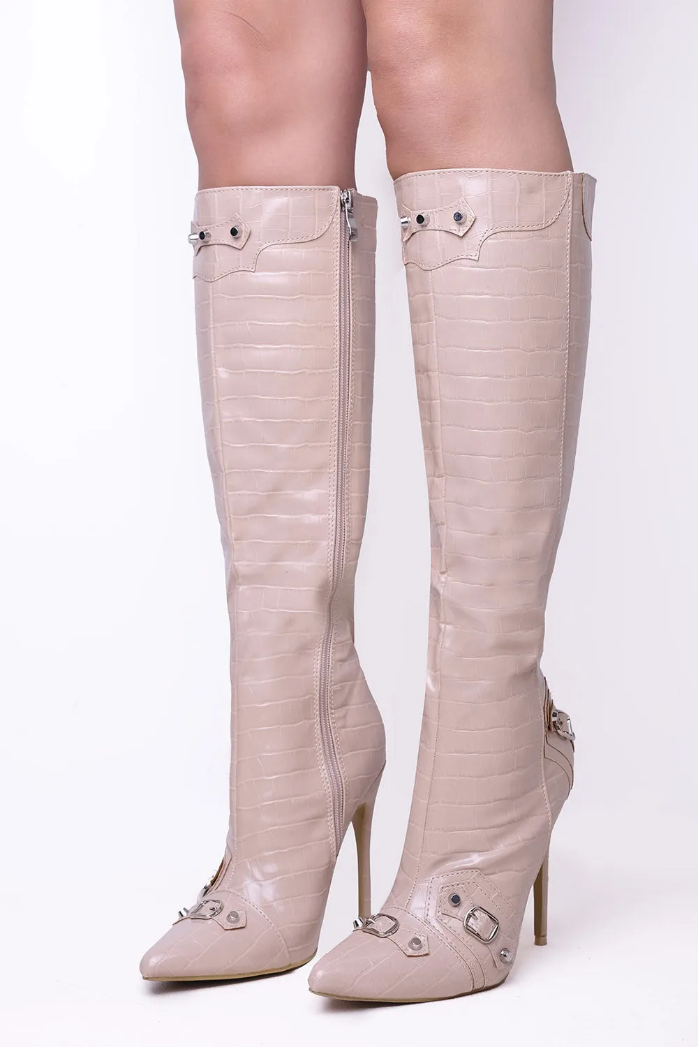 Wide Calf Tall Boots Nude Croc Calf High Heel Boots With Pointed Toe & Side Zip (PACK A)