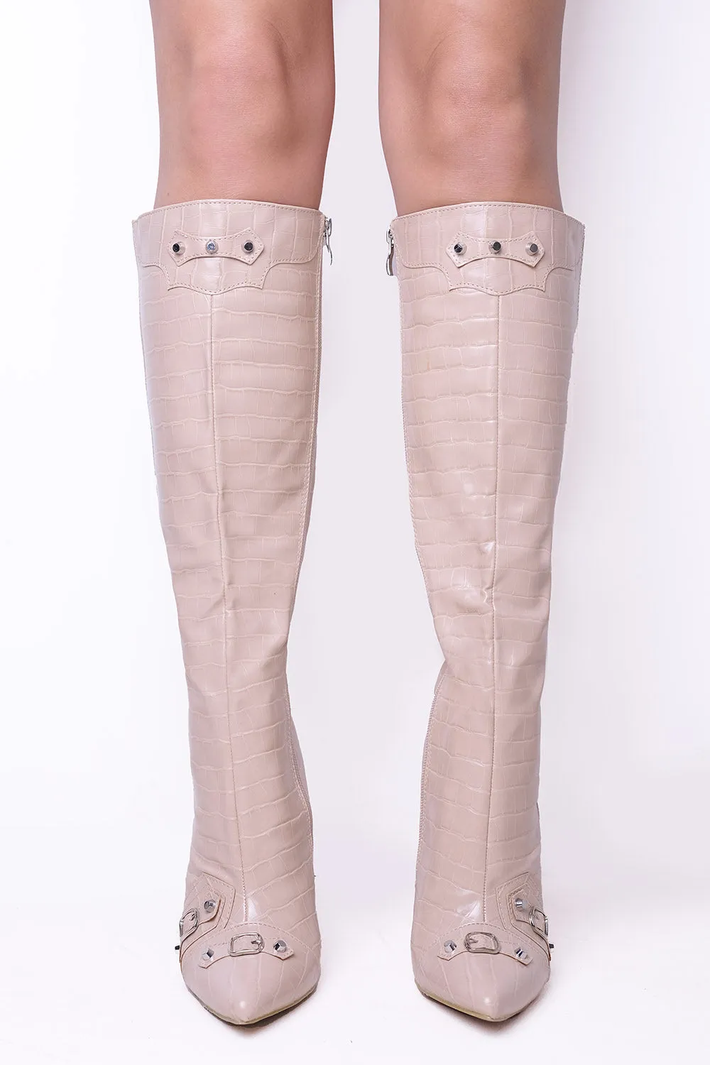 Nude Croc Calf High Heel Boots With Pointed Toe & Side Zip (PACK A) White's Boots Inc