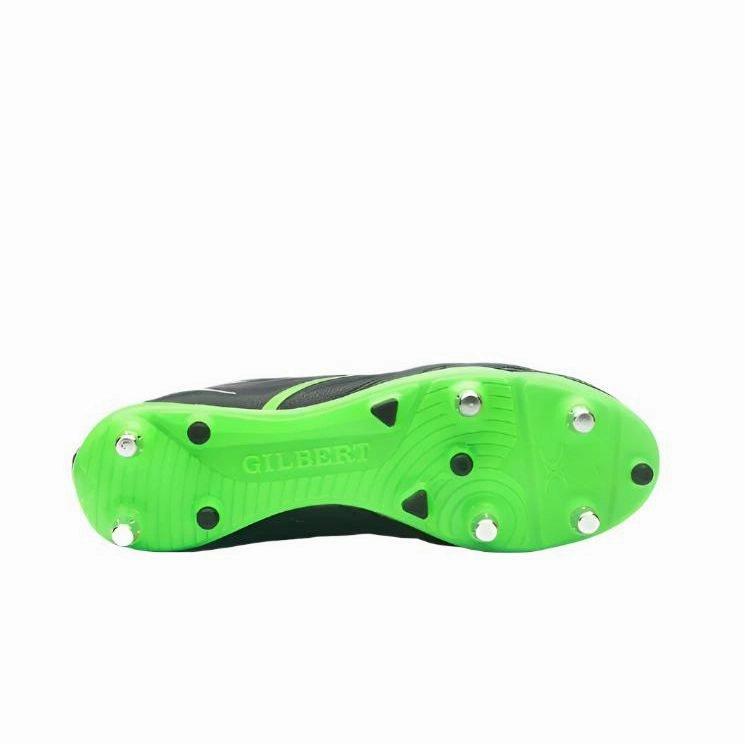 Gilbert Adults Rugby Boot Sidestep X20 Power 6S Black/Fluorescent Green Best Cleats For Ankle Support Soccer