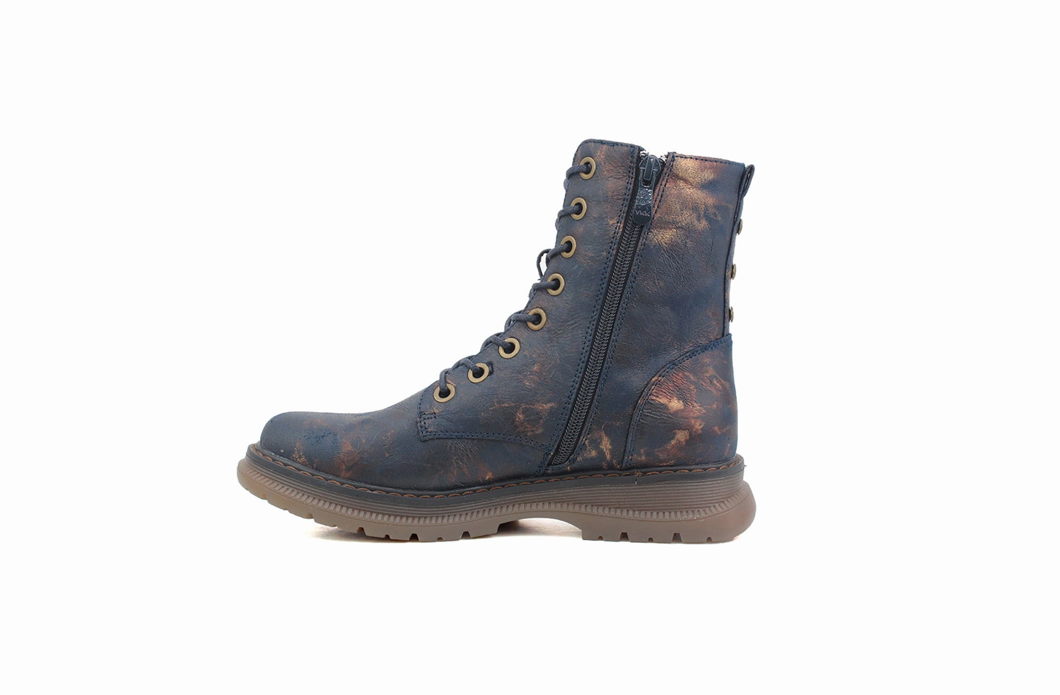 Cheap Square Toe Boots Womens Metallic Navy Bronze Combat Boots Ladies High Top Lace Up Side Zip Military Style Boots