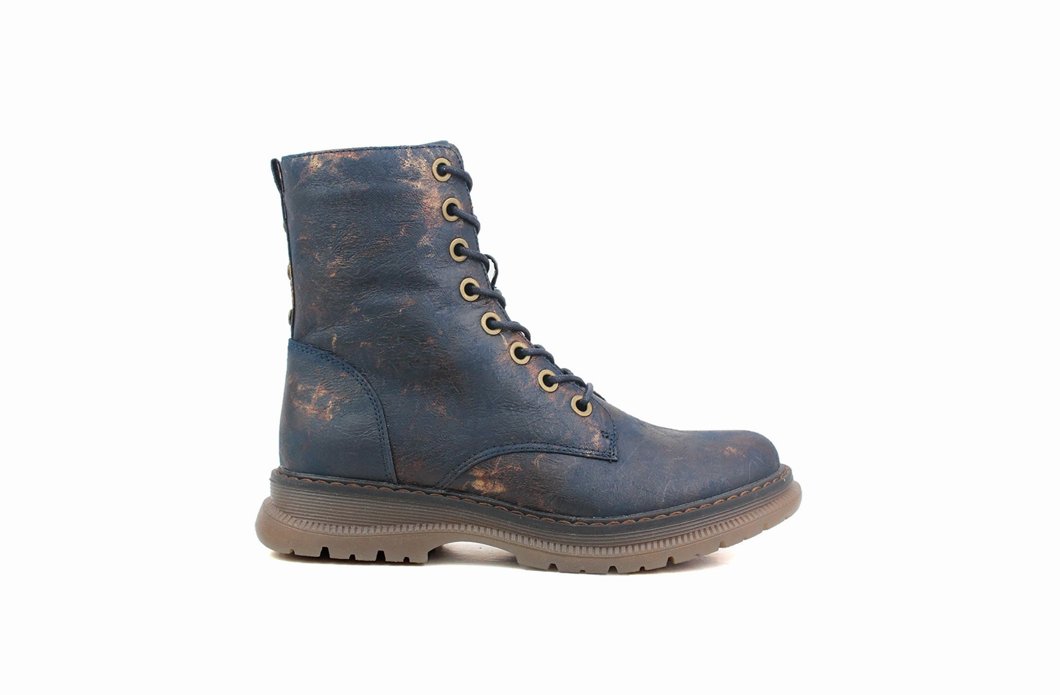 Evo Ski Boots Womens Metallic Navy Bronze Combat Boots Ladies High Top Lace Up Side Zip Military Style Boots