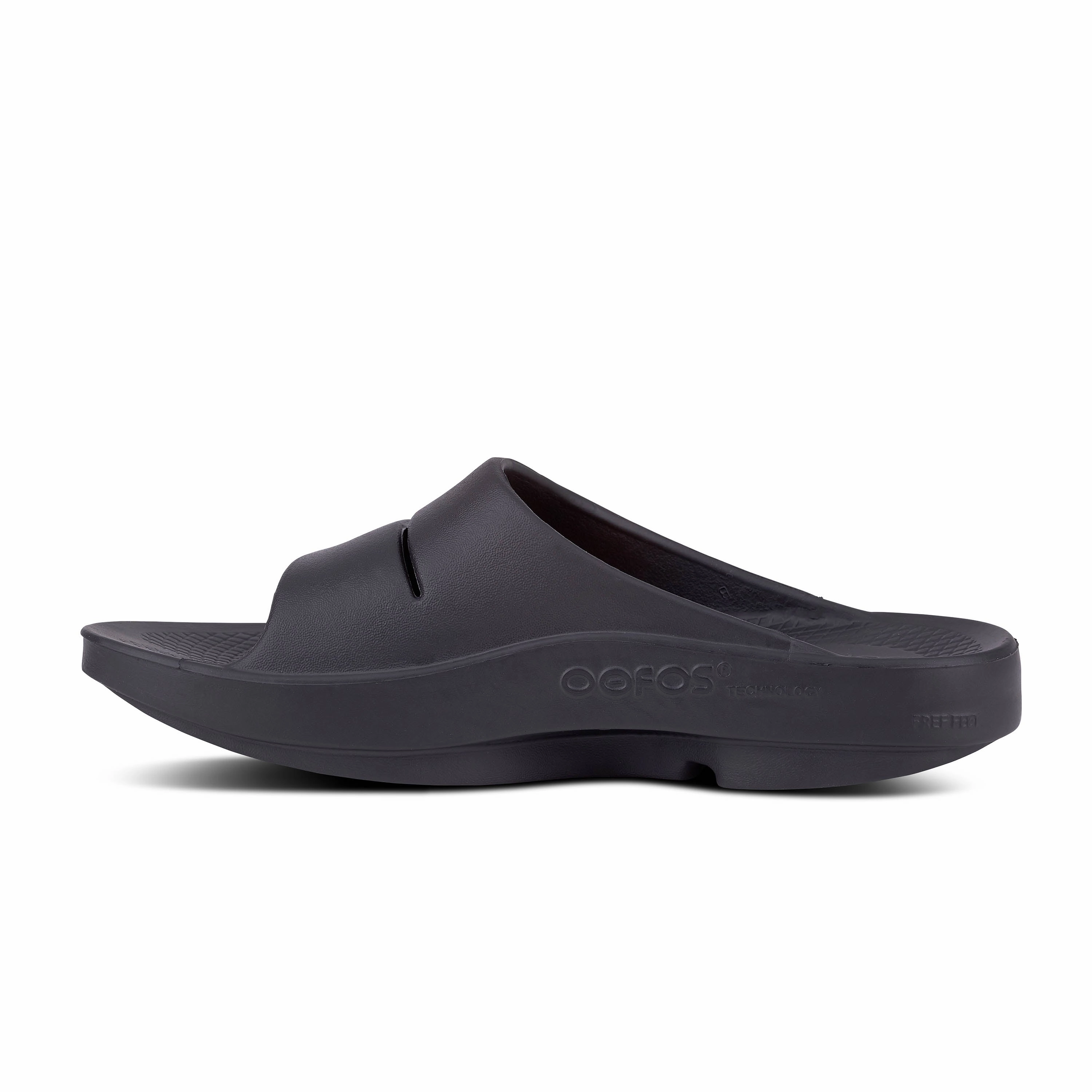 'OOFOS' Unisex OOahh Slide - Black Closed Toe Shoes To Wear With Dresses
