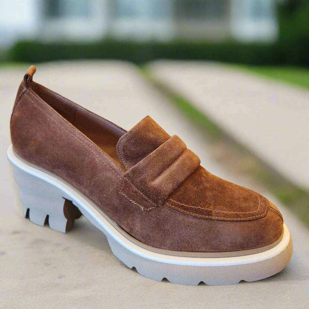 EZZIO - 53043 - Brown Suede Heeled Loafer Monk Loafers