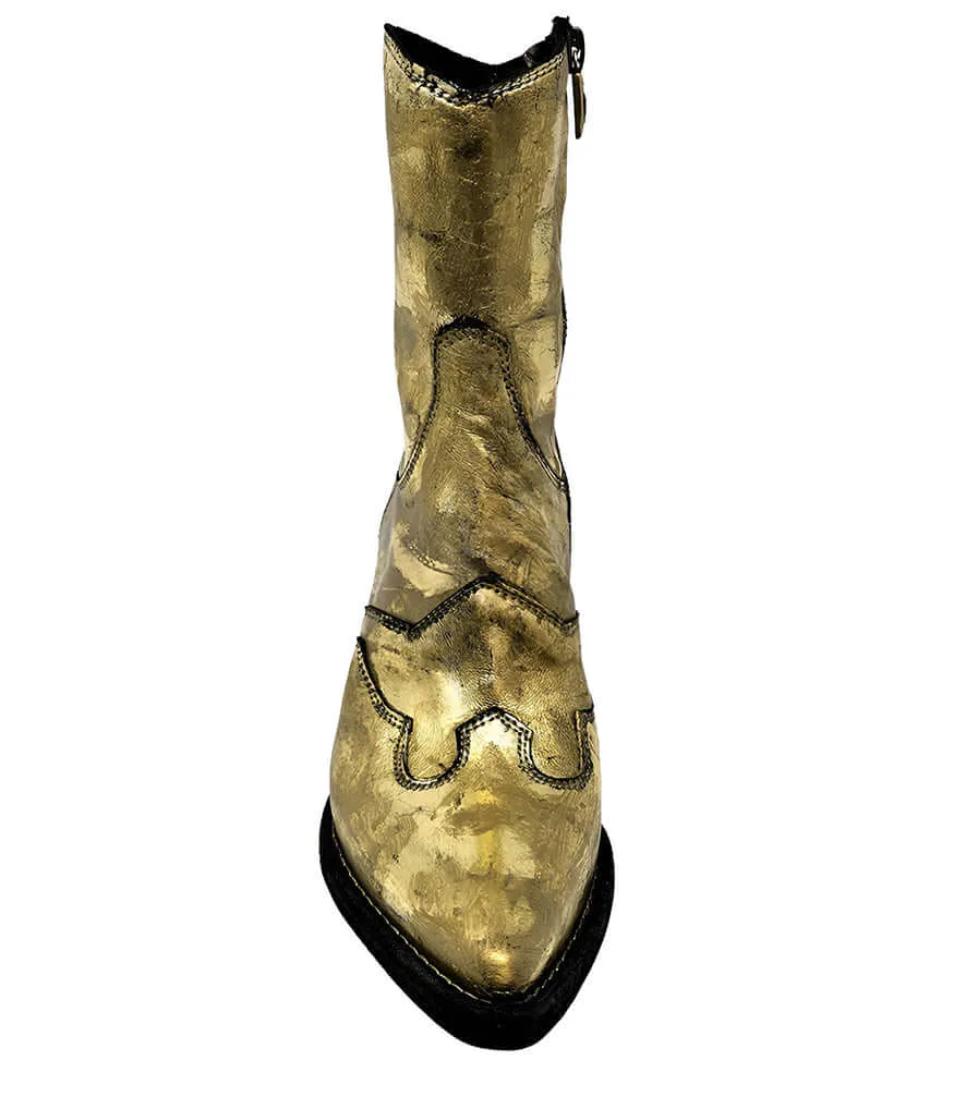 Gold Laminated Pointy Toe Ankle Boot Zippers On Boots
