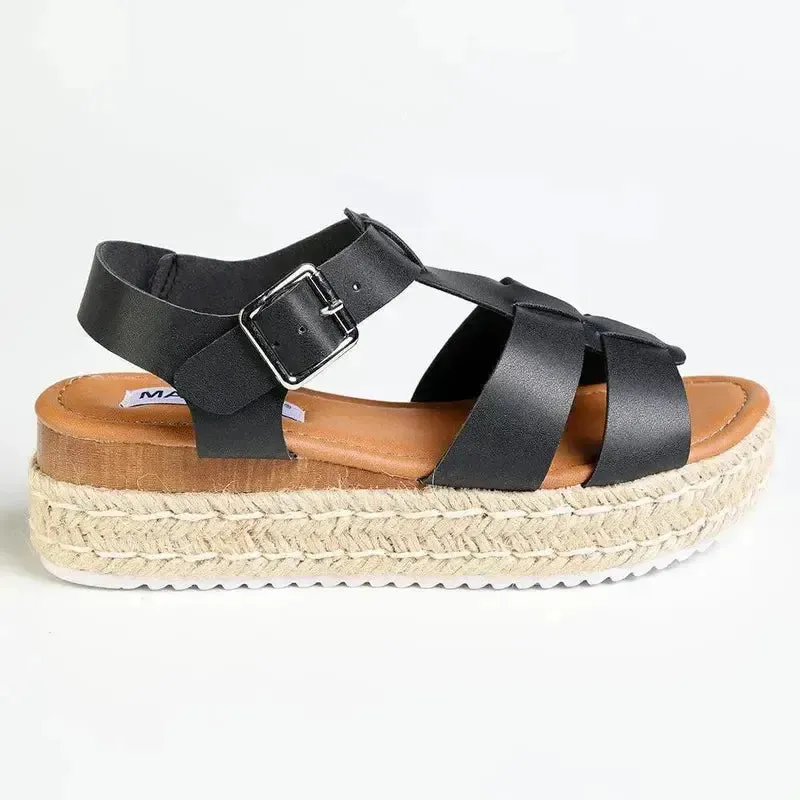 Madison Double Strap T-Bar Espadrille Sandal - Black