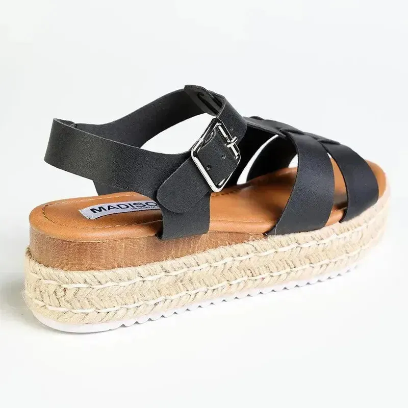 Madison Double Strap T-Bar Espadrille Sandal - Black