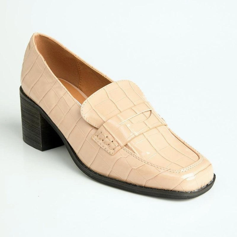 Madison Cindy Block heel Loafer - Nude Tan Brogue Shoes