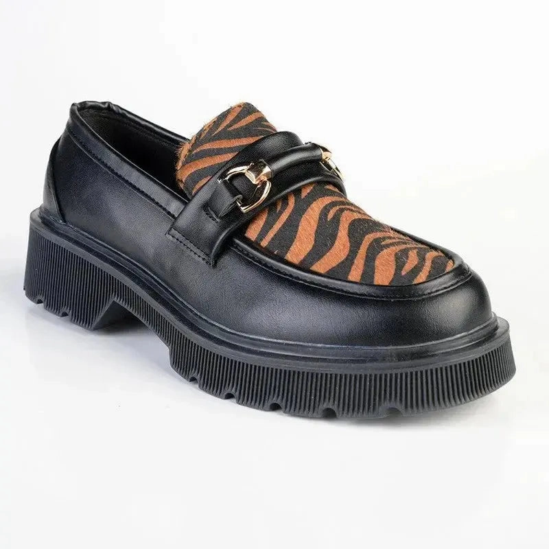 Oxford With Brogues Madison Eloise Chunky Sole Slip Brogue - Black/Tiger