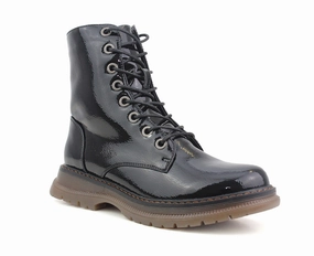 Womens Metallic Black Patent Combat Boots Ladies High Top Lace Up Side Zip Military Style Boots Boots On The Ground Fan