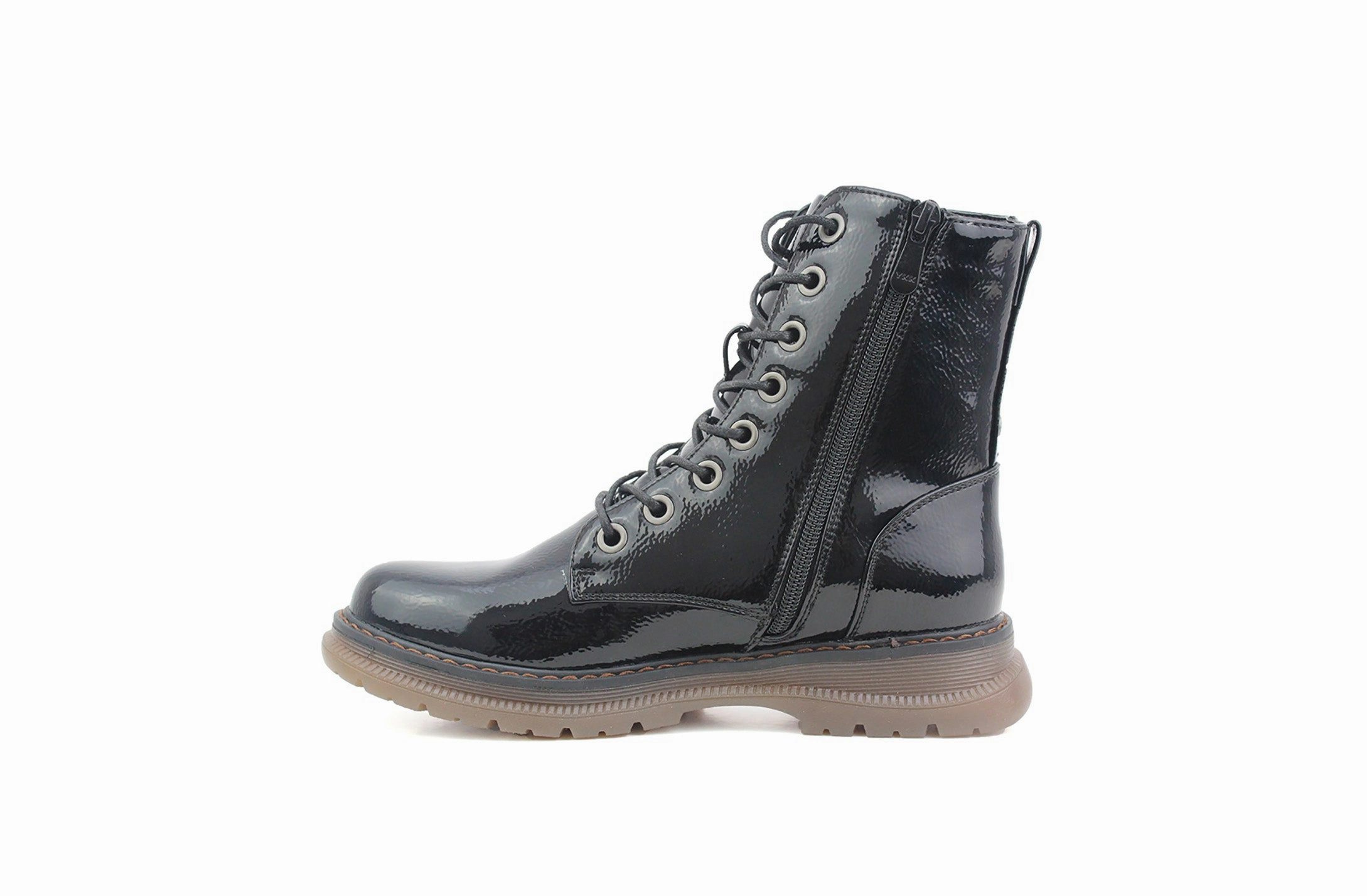 Womens Metallic Black Patent Combat Boots Ladies High Top Lace Up Side Zip Military Style Boots Overknee Boots