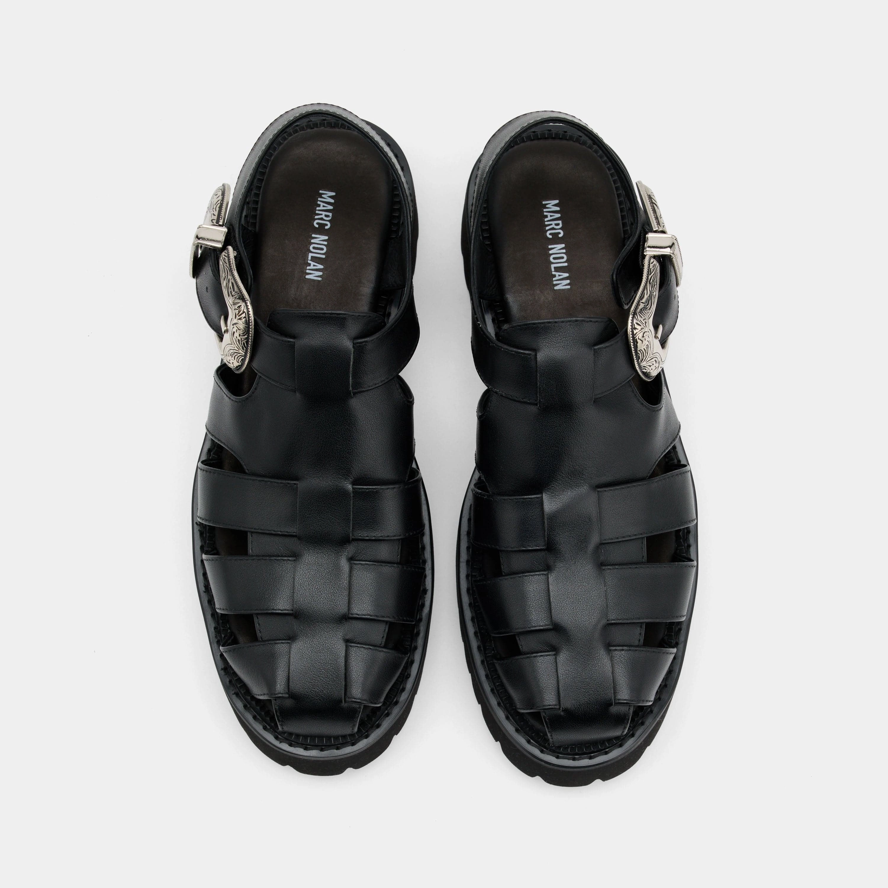 Discount Espadrilles Maya Black Leather Lug Fisherman Sandals