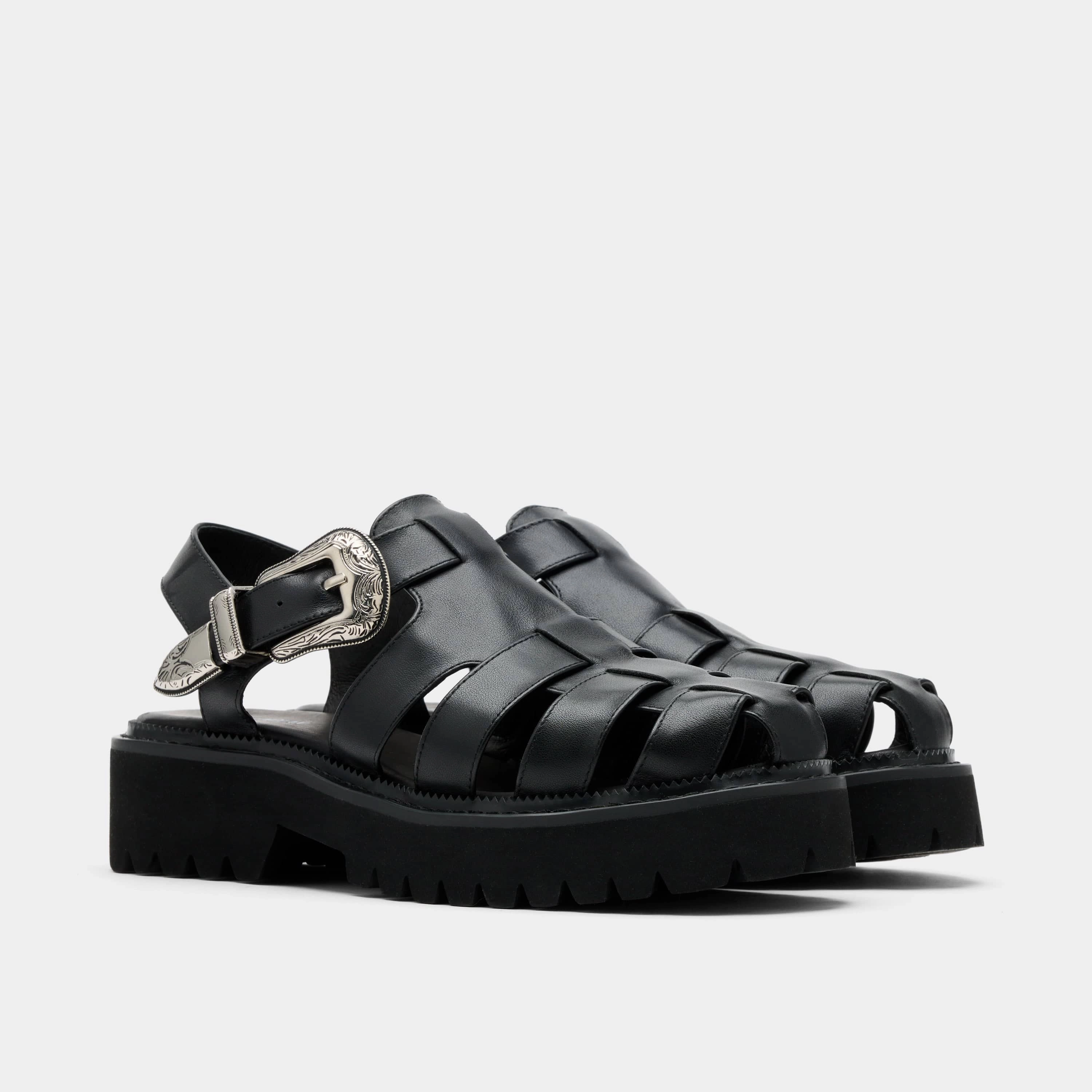 Maya Black Leather Lug Fisherman Sandals Espadrilles Origines