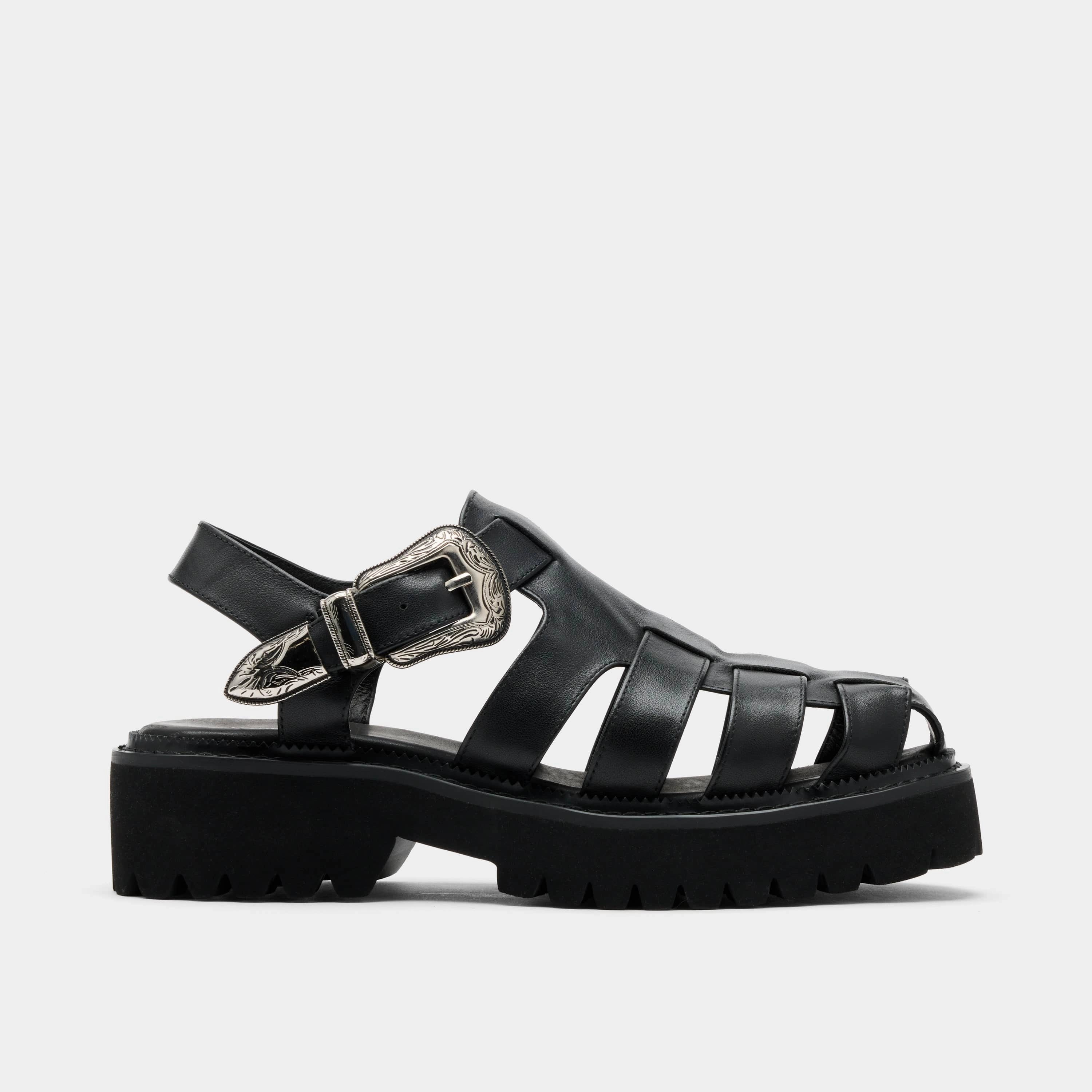 Codi Espadrille Maya Black Leather Lug Fisherman Sandals