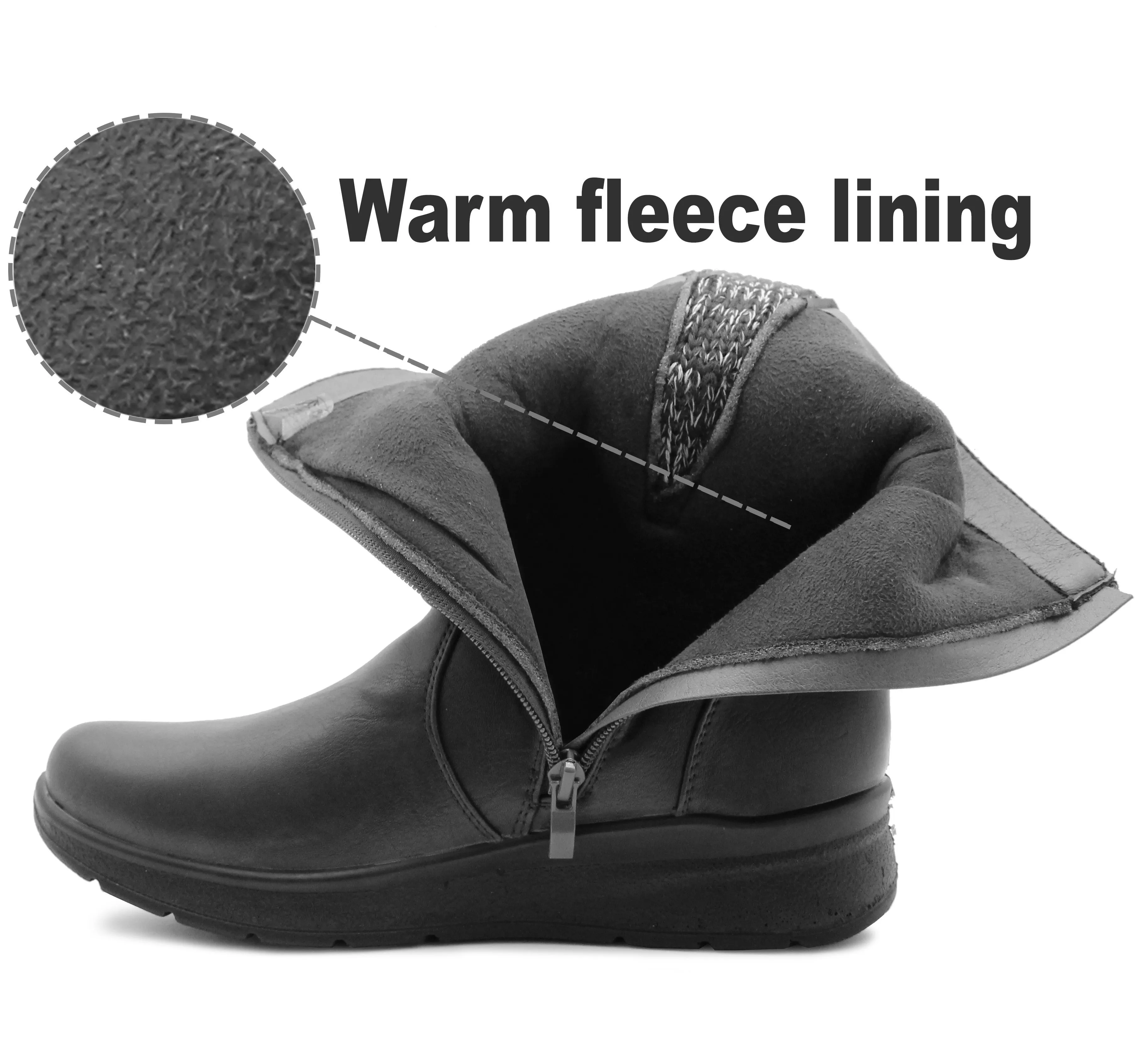 Womens Mid Calf Biker Boots Black Warm Fleece Lined Winter Zip Up Casual Combat Boots Cowboy Leather Boots