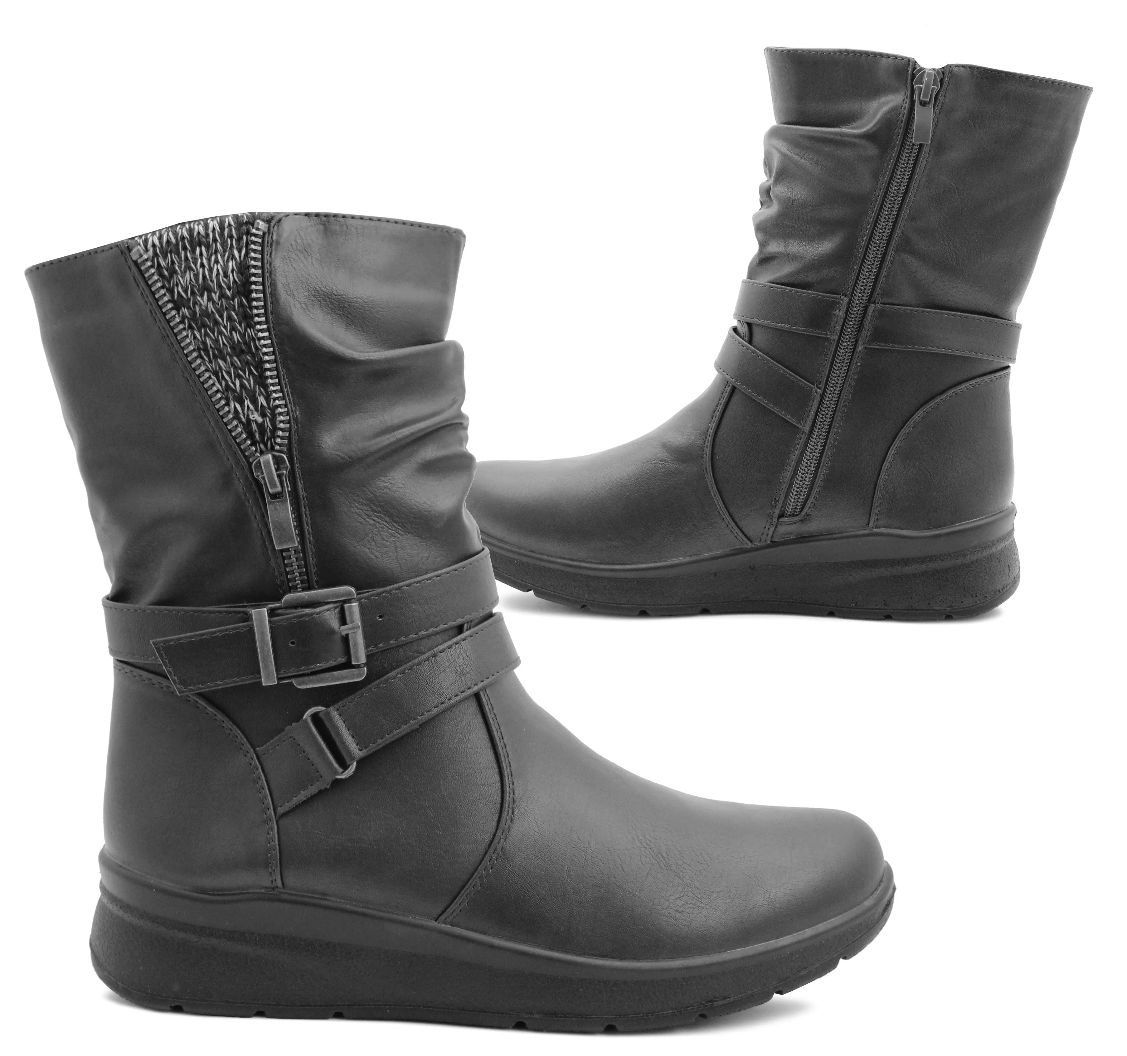 Rain Boots Rain Womens Mid Calf Biker Boots Black Warm Fleece Lined Winter Zip Up Casual Combat Boots