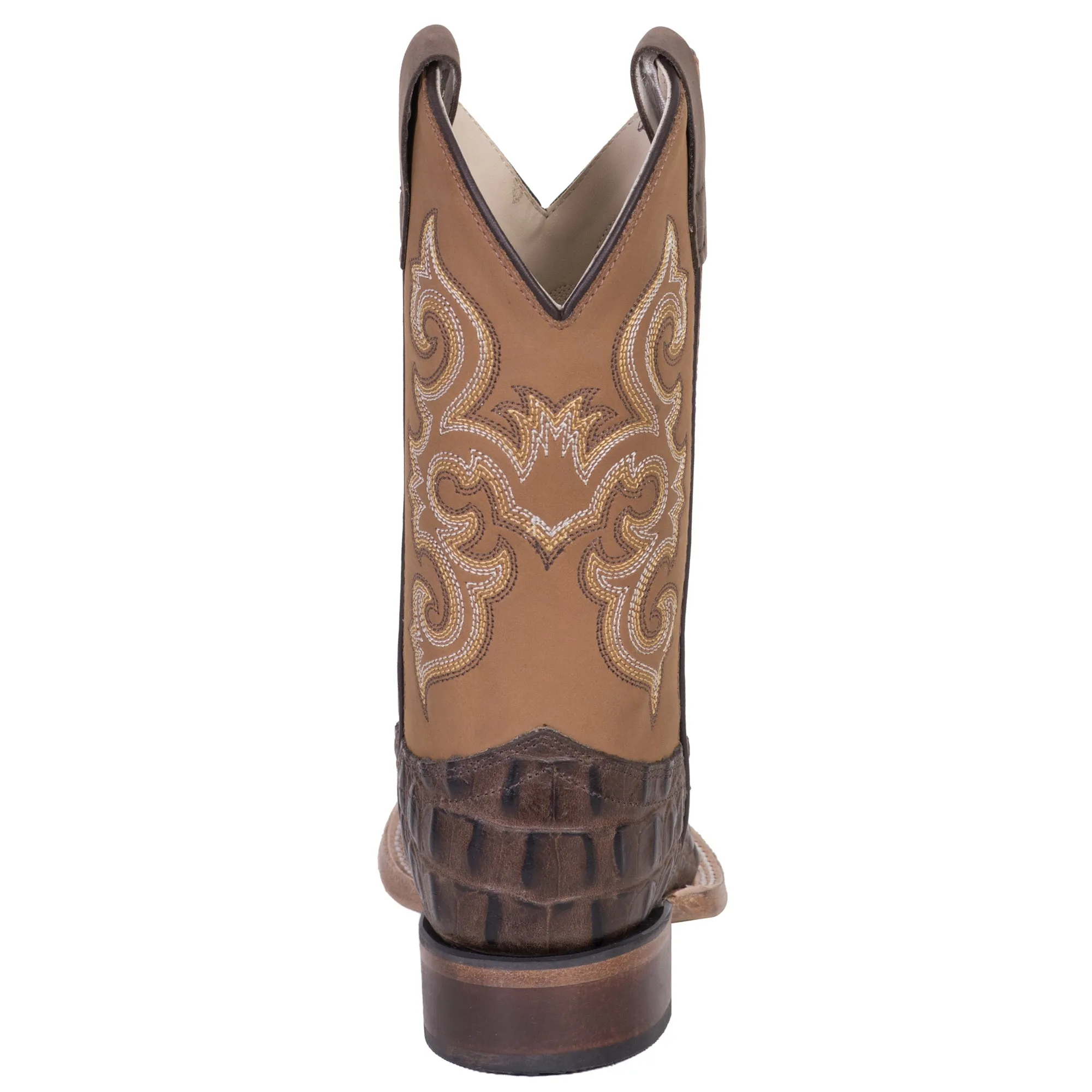 Old West Brown/Tan Kids Boys Leather Caiman Cowboy Boots Shiny Boots