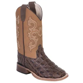 Children's Duck Boots Old West Brown/Tan Kids Boys Leather Caiman Cowboy Boots
