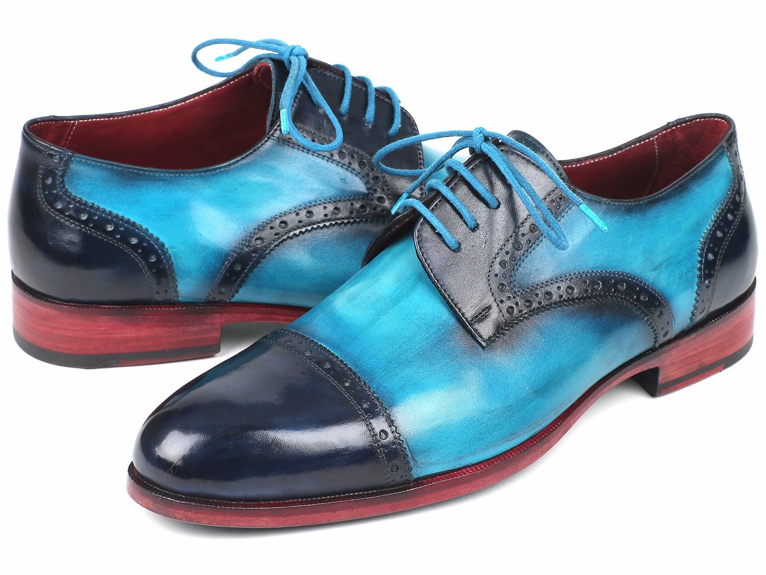 Paul Parkman Cap-Toe Derby Shoes in Blue / Turquoise Leather Lace Up High Top Boxing Shoes