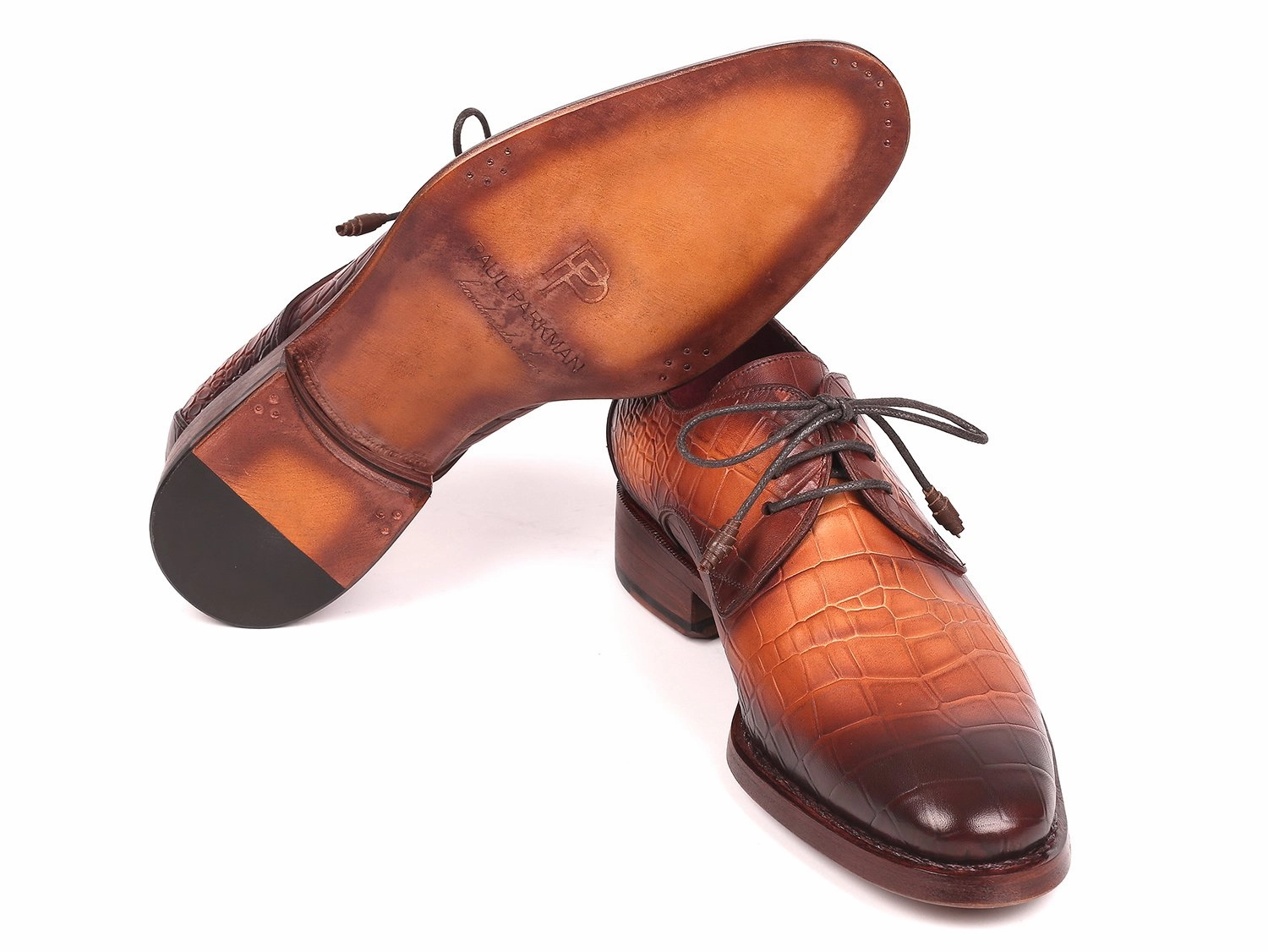 Small Heel Shoes Paul Parkman Croco-Embossed Calfskin Goodyear Welted Derby Shoes in Brown