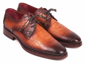 Paul Parkman Croco-Embossed Calfskin Goodyear Welted Derby Shoes in Brown Textured Lace-up Walking Shoes