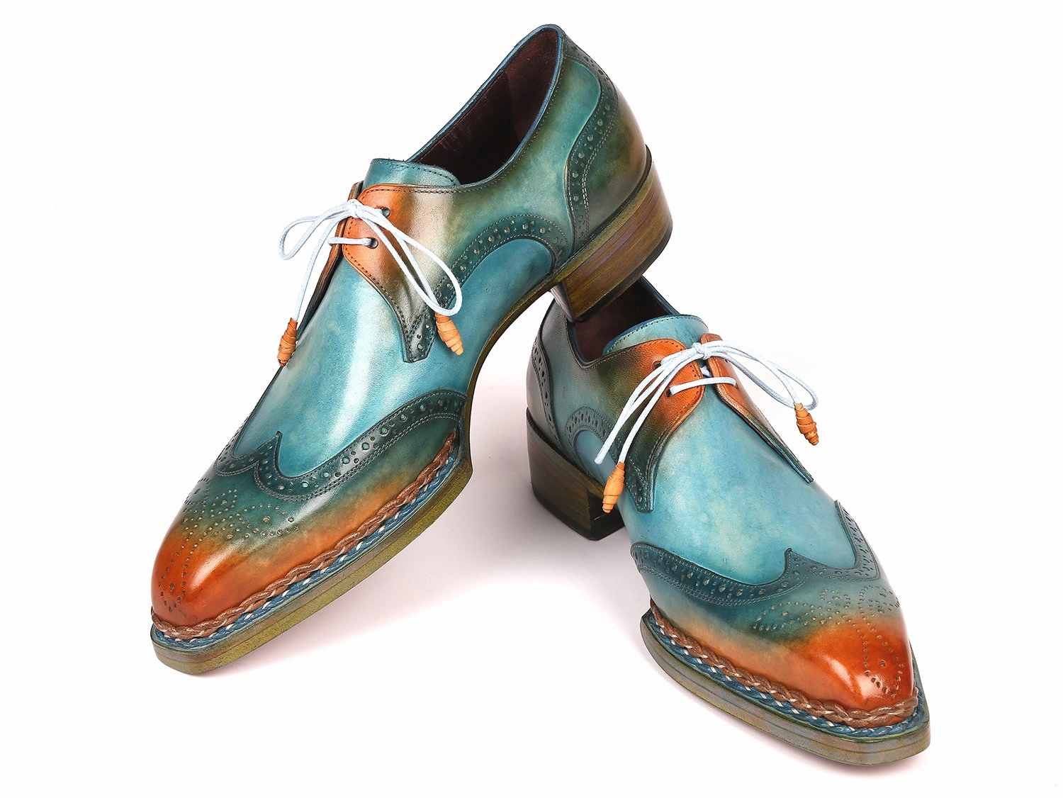 Paul Parkman Norwegian Welted Wingtip Derby Shoes Turquoise and Tobacco (ID#8506-TRQ) White Leather Lace Up Shoes