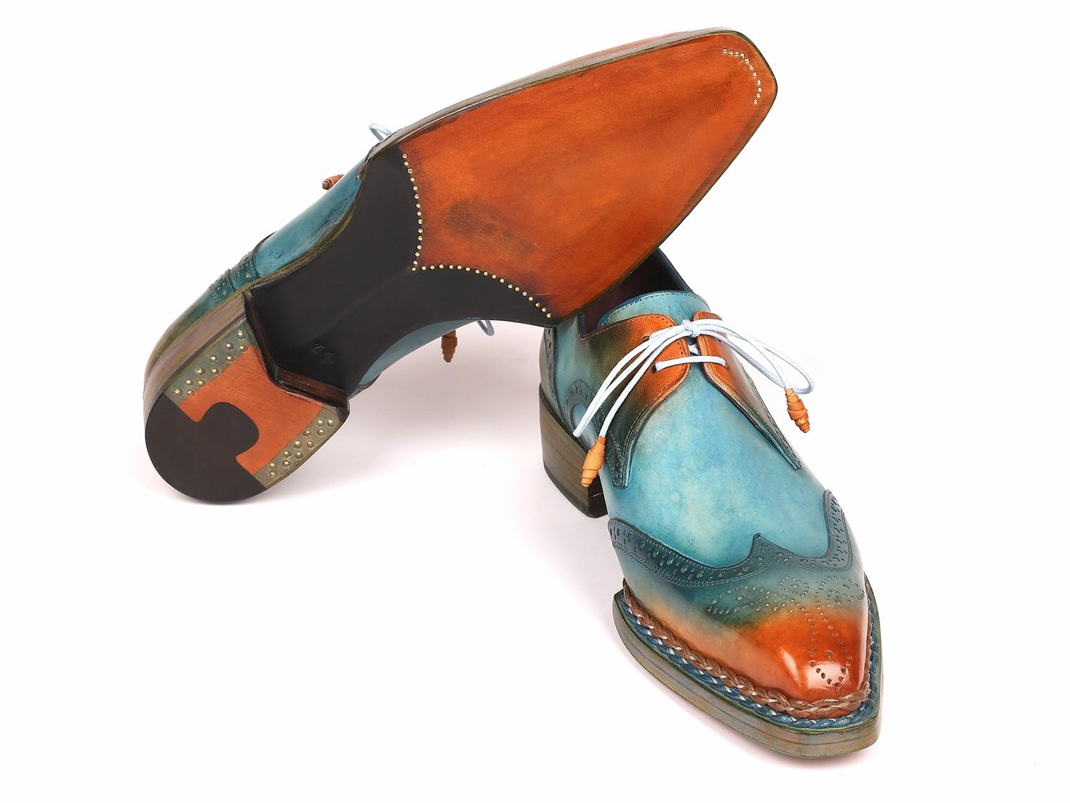 Pewter Lace Up Shoes Paul Parkman Norwegian Welted Wingtip Derby Shoes Turquoise and Tobacco (ID#8506-TRQ)