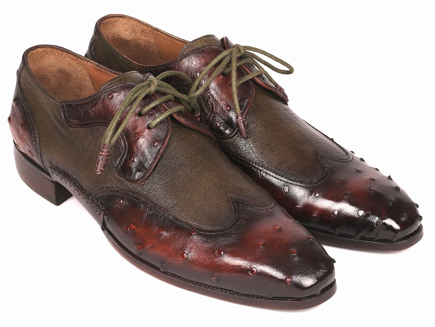 Paul Parkman Ostrich Skin Wingtip Derby Shoes Brown and Green (ID#844H389) Lace-up Clarks Shoes