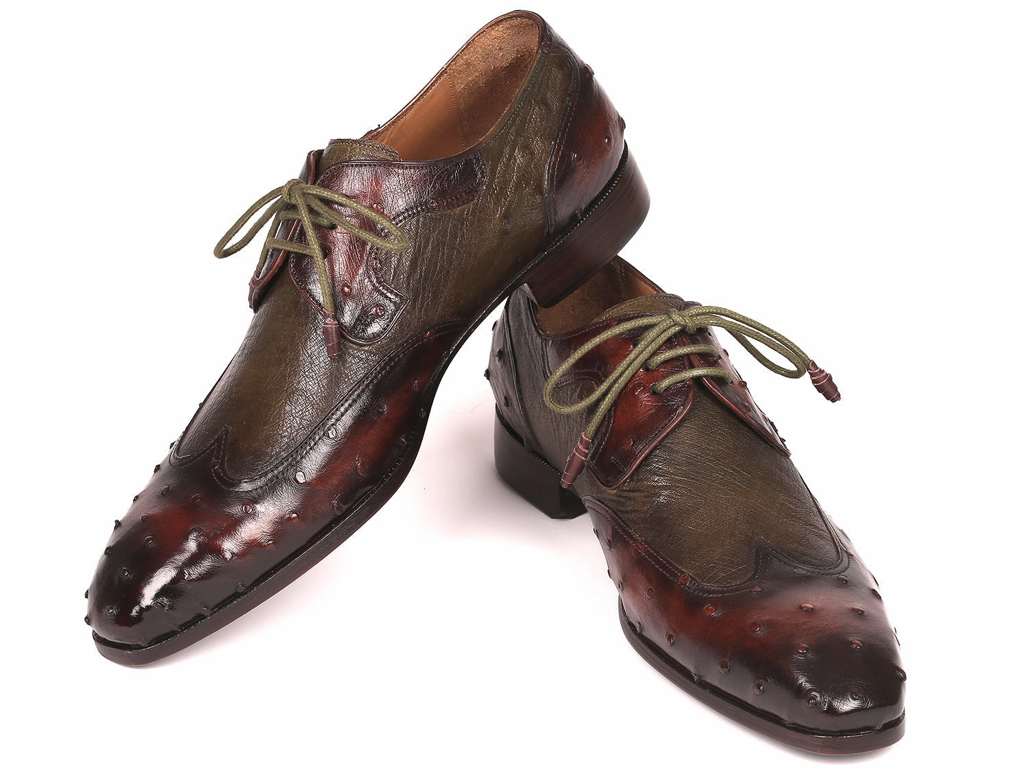Casual Lace Up Shoes Paul Parkman Ostrich Skin Wingtip Derby Shoes Brown and Green (ID#844H389)