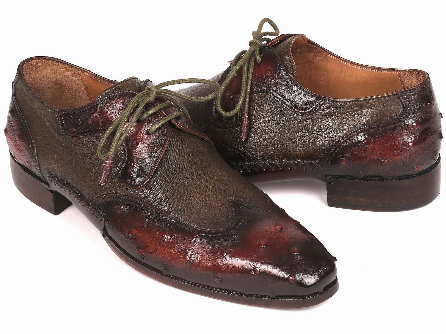 Paul Parkman Ostrich Skin Wingtip Derby Shoes Brown and Green (ID#844H389) Polished-leather Derby Shoes