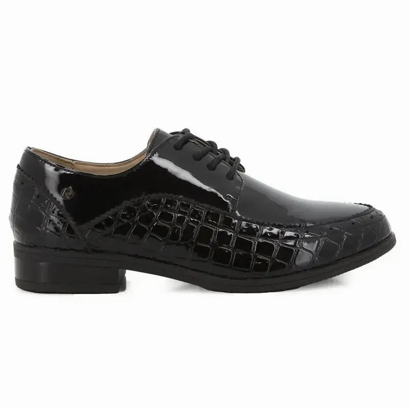 Pierre Cardin Ladies Formal Flat - Black Patent Brown Lace Up Brogues