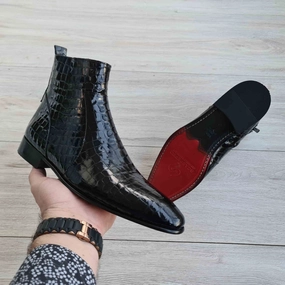 Rustic Chelsea Boots Raphael Black Men's Chelsea Croco Patent Leather Boots | Red Sole