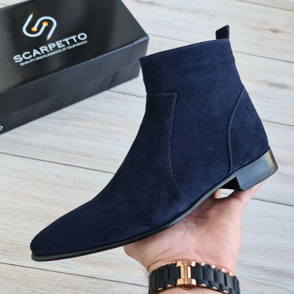 Chelsea Boots Shoe The Bear Raphael Navy Blue Men's Chelsea Genuine Suede Leather Boots - Leather Sole