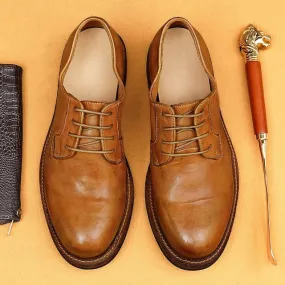 and Men's Tan Goodyear Derby Shoes Clean Leather Welt with Prada Diapason Opaque Brushed Leather Lace-up Shoes