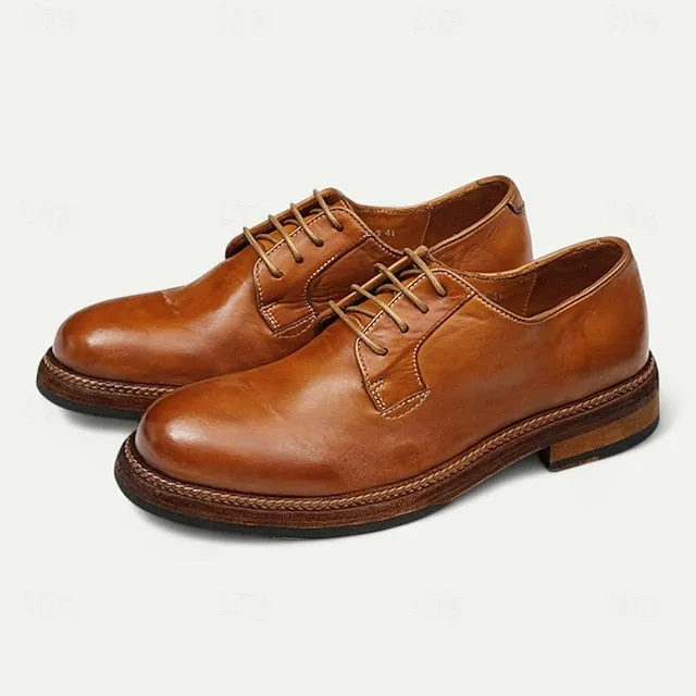 and Men's Tan Goodyear Derby Shoes Clean Leather Welt with Lace Up Style Shoes