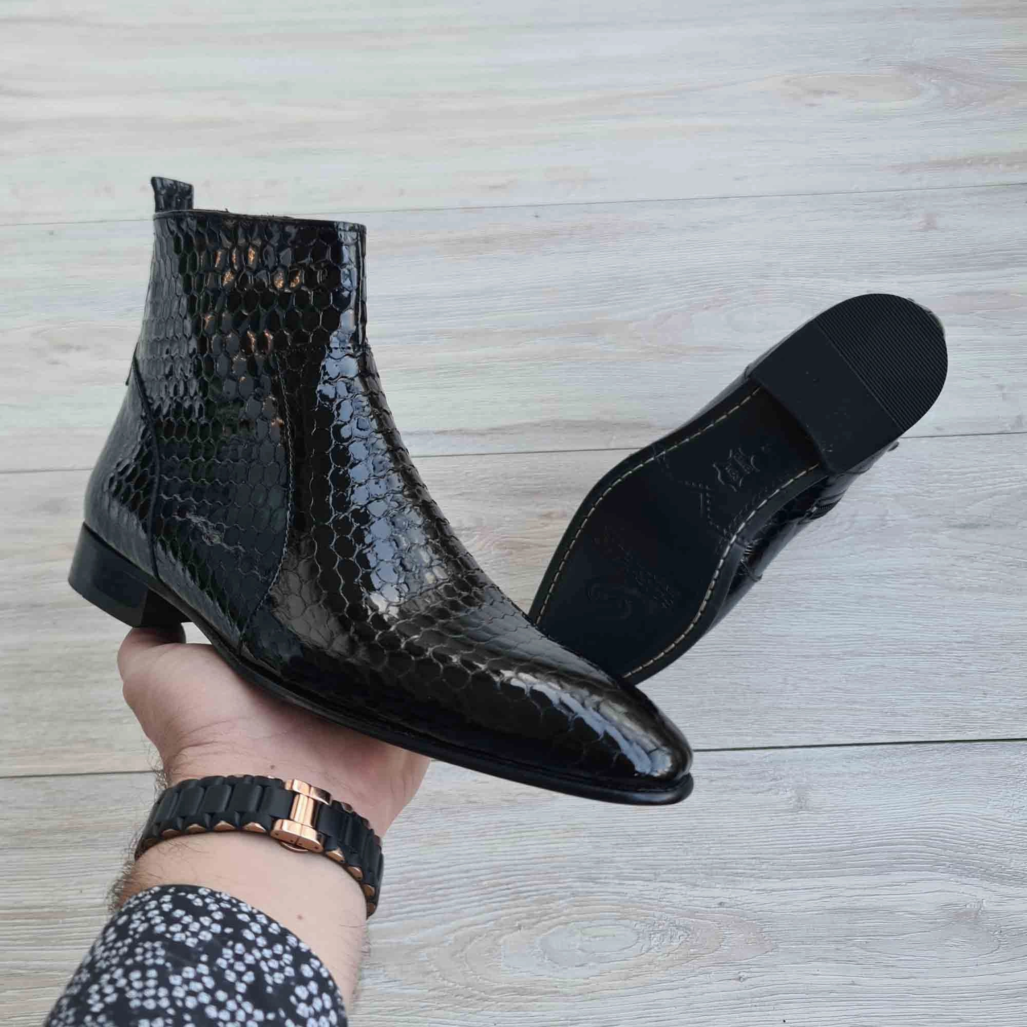 Raphael Black Men's Chelsea Honeycomb Patent Leather Boots Suede Chelsea Boots Rubber Sole